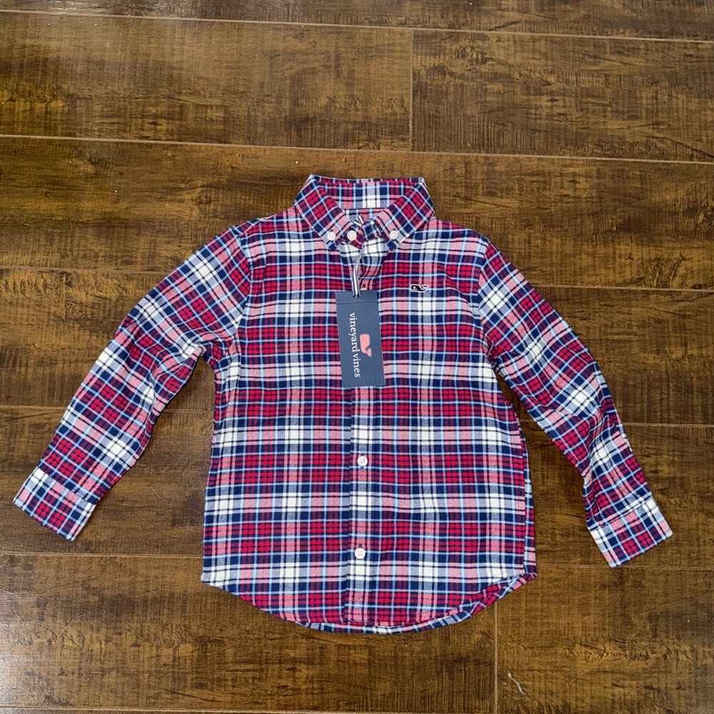 NWT Vineyard Vines Red/White/Blue Tower Ridge Whale Flannel Shirt, 3T